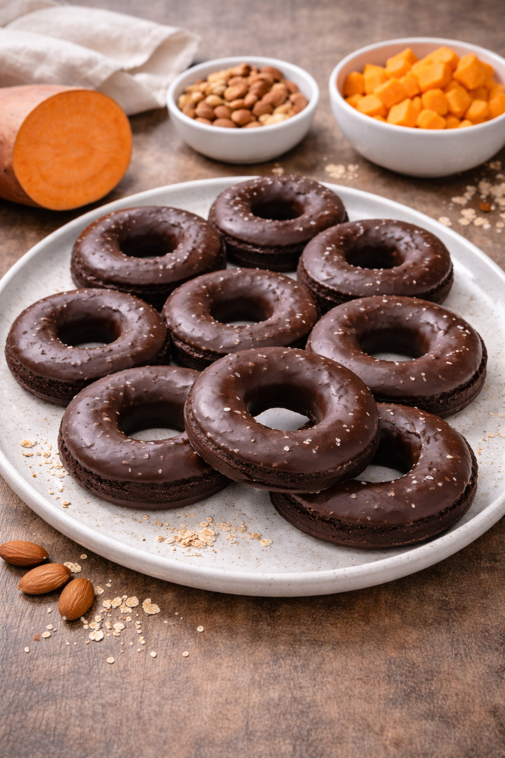 Beignes à la patate douce, chocolat noir et fleur de sel. Boîte de 6